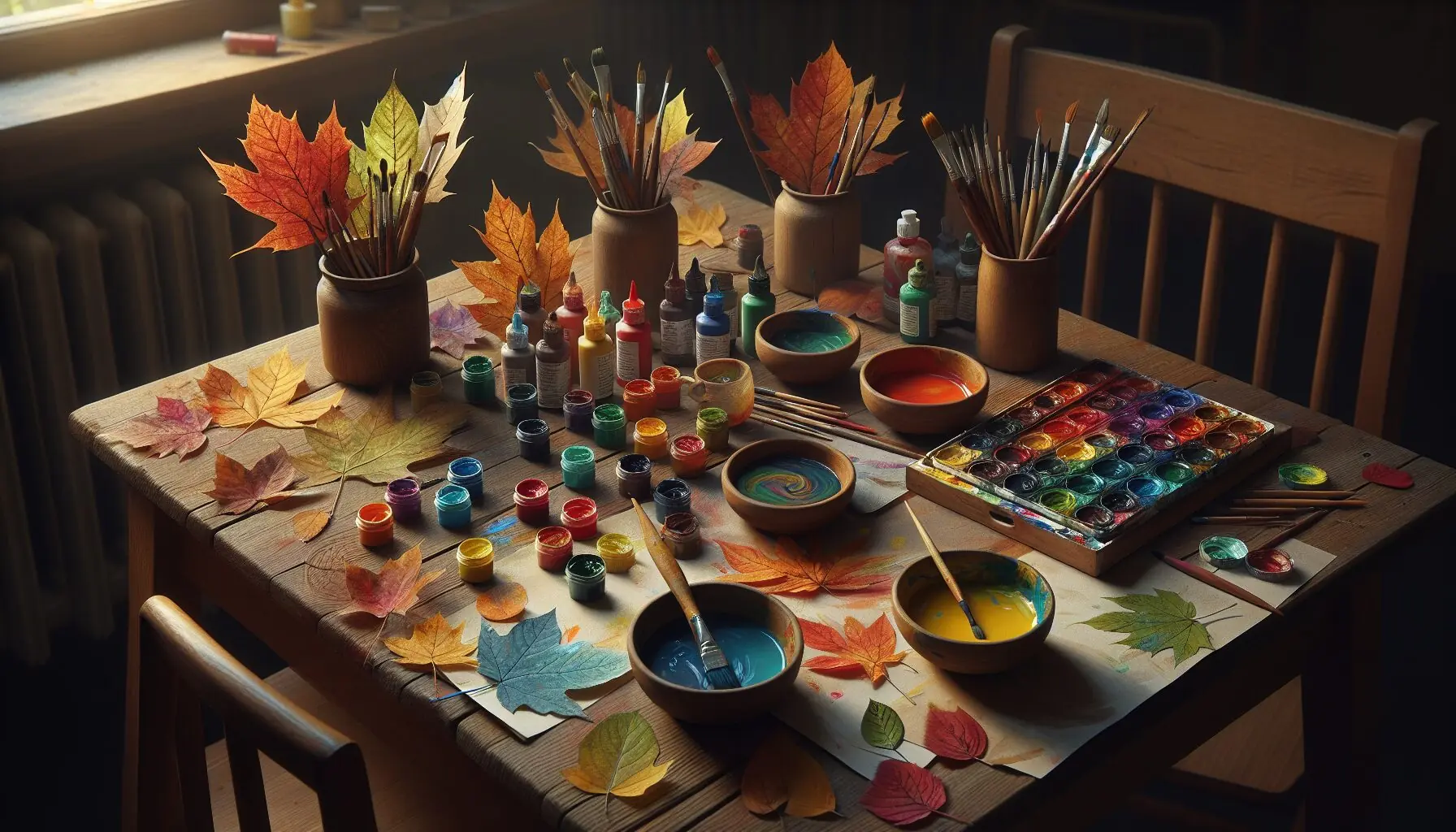 Generate an image depicting a cozy family corner with children and parents painting together, focusing on the non-human elements like art supplies and vibrant paintings.