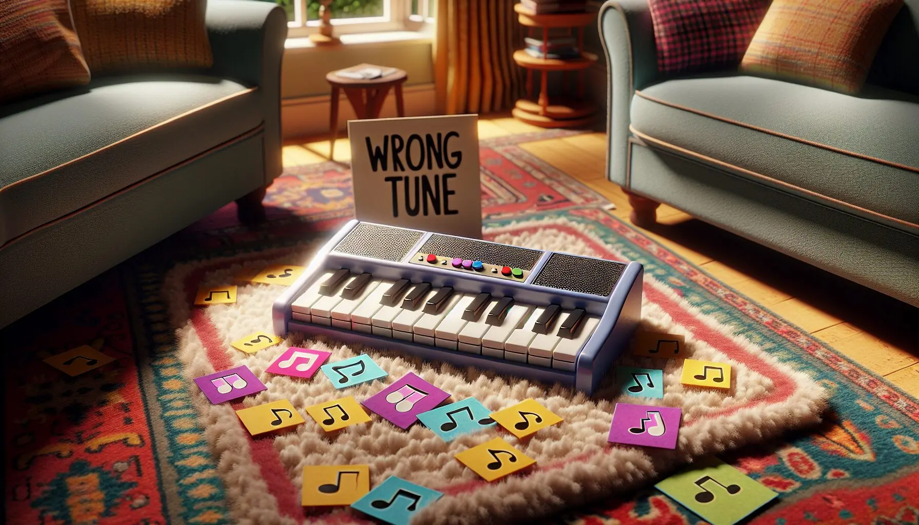 Generate an image of a child-friendly music setup with a small keyboard and several colorful note pattern cards on a soft rug.