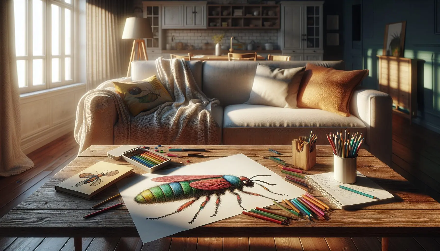 Illustrate an image of a cozy family room, where a child excitedly shares a drawing of an insect with parents, fostering storytelling.