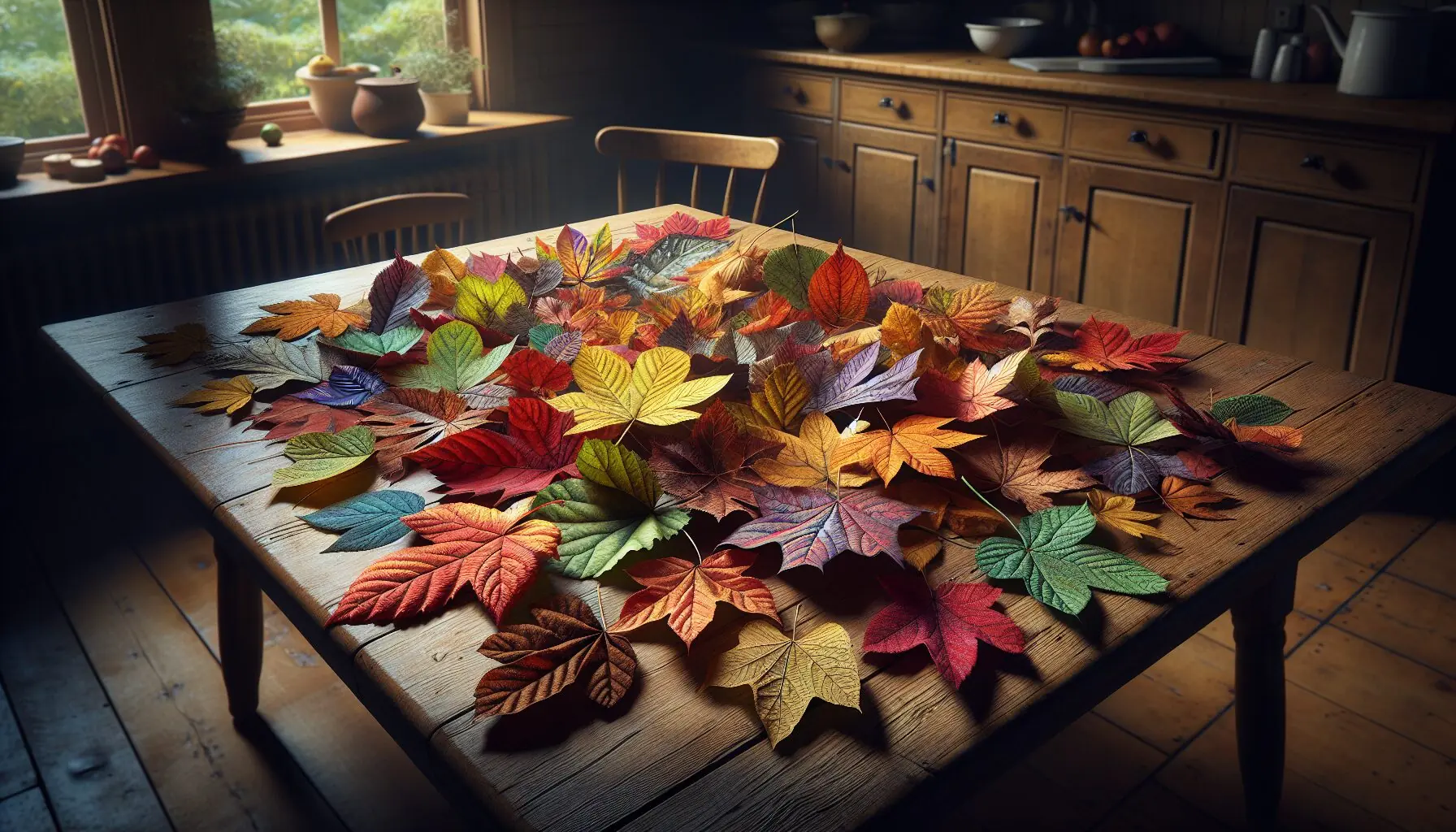 Generate an image of a variety of colorful fallen leaves scattered on a wooden table.
