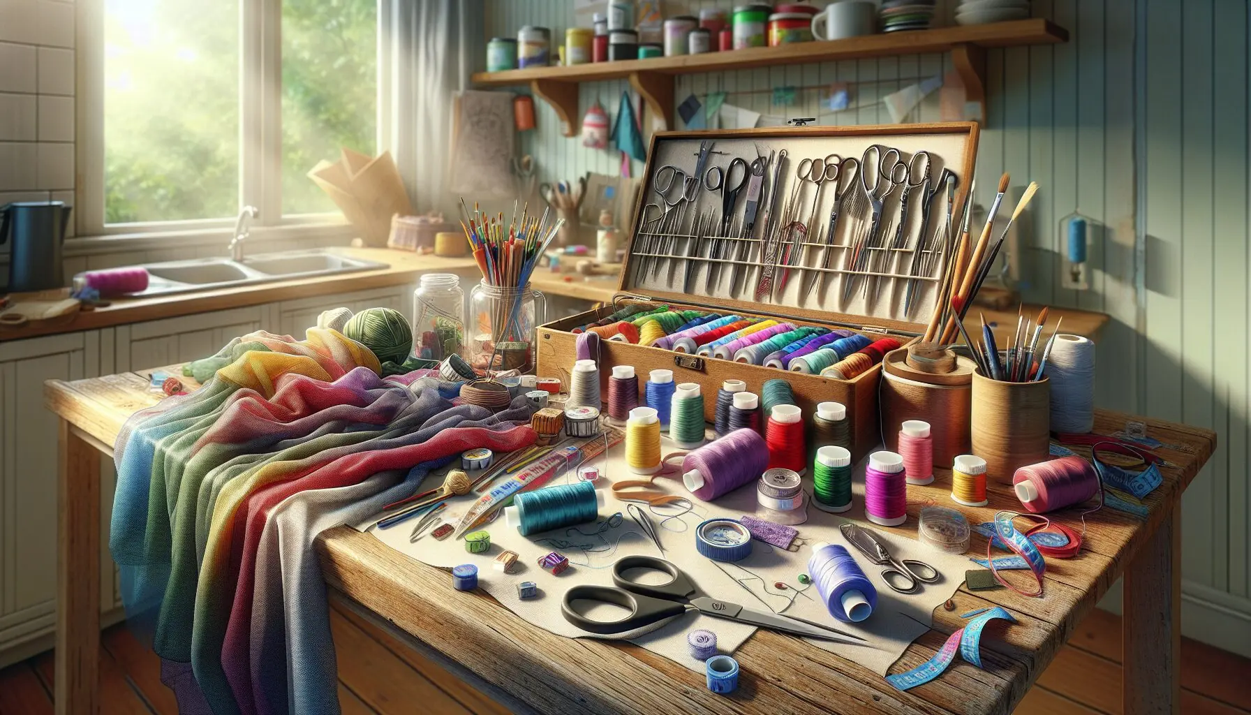 Generate an image of a family crafting costumes together, surrounded by fabric, paint, and colorful sewing bits.