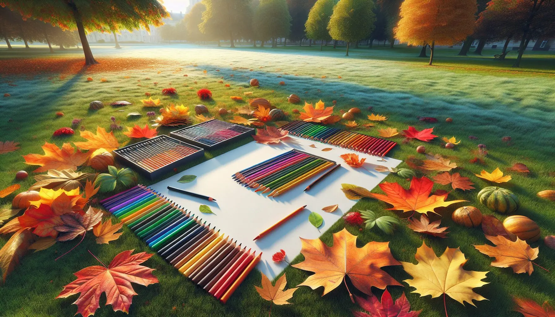 Generate an image of paper and crayons spread on a grassy park setting, with autumn leaves nearby.
