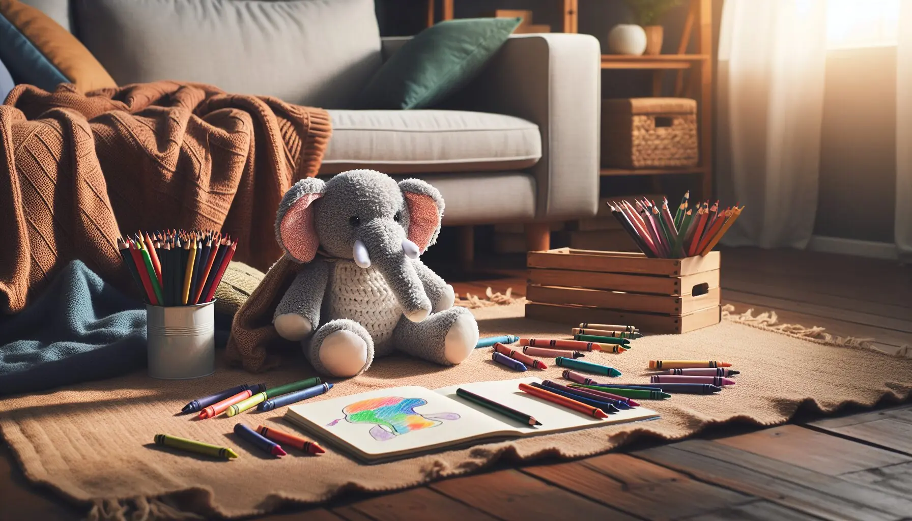 Generate an image of a plush toy elephant with crayons and a blanket on a wooden floor, illustrating the activity setup.