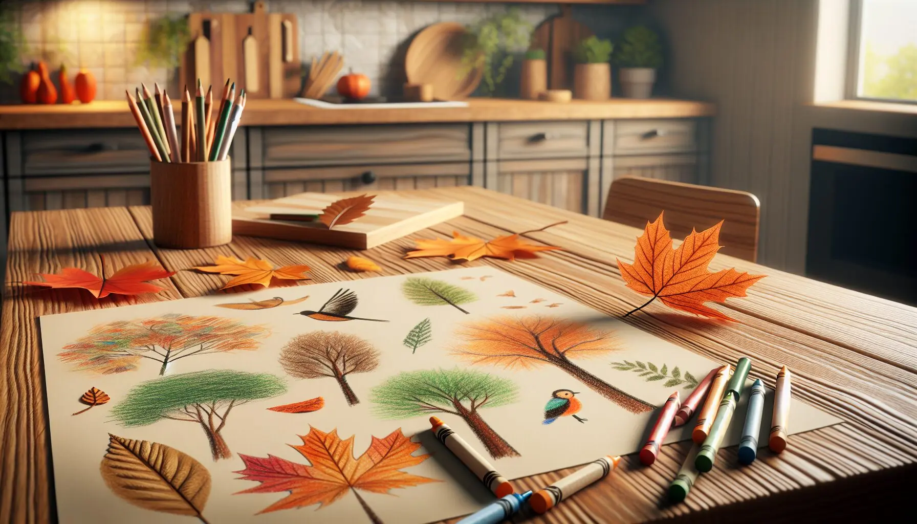 Generate an image of a variety of nature-inspired sketches on paper, surrounded by crayons and leaves.