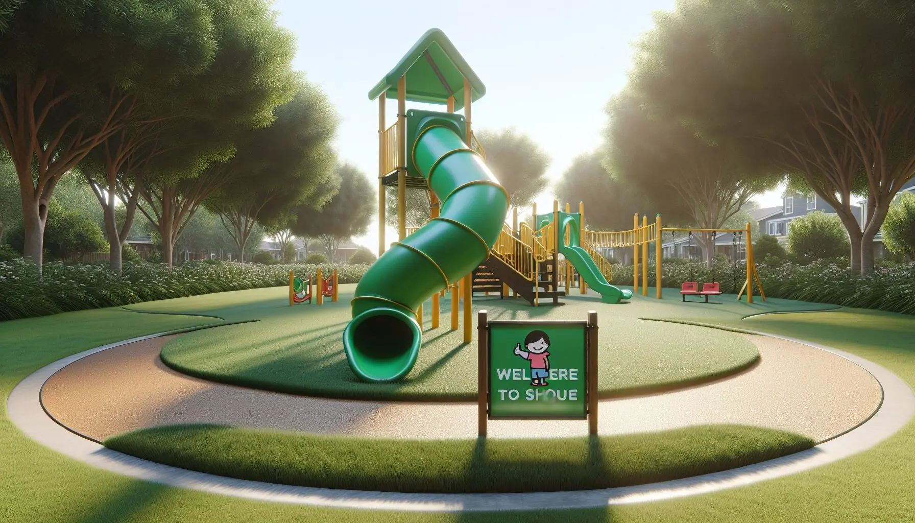 Generate an image of a tall, colorful playground slide with a child-sized encouragement sign.
