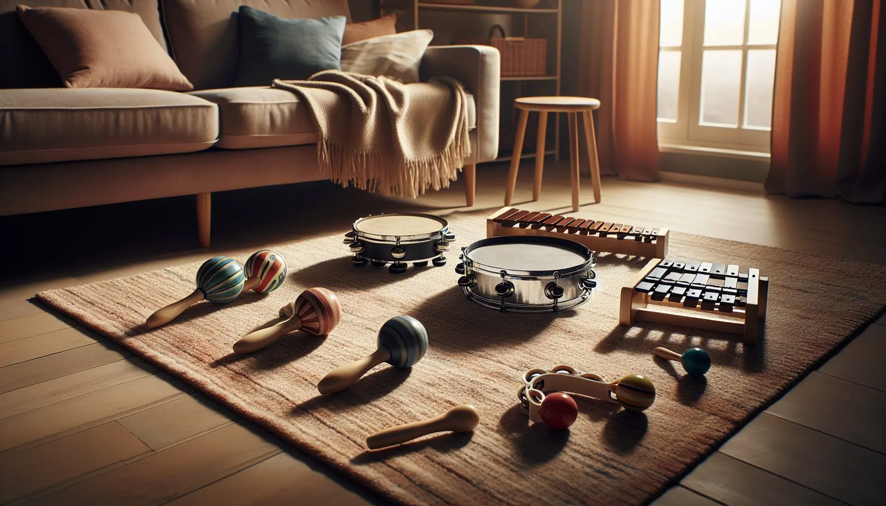 Create an illustration of a child joyfully jumping with various musical instruments around them, depicting excitement in musical discovery.