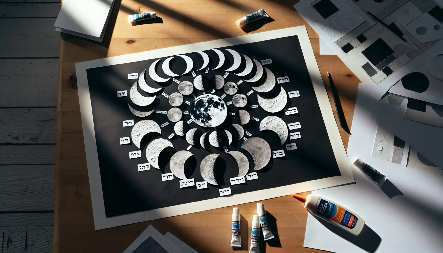 Generate an image showing a collage of moon phases on black paper with English and Hebrew labels, glue stick beside it.