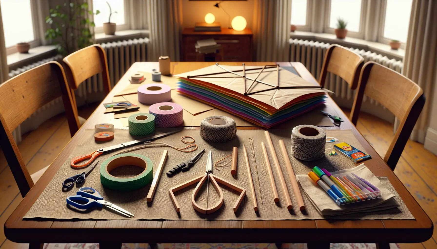 Generate an image of the materials needed to make a kite: paper, wooden dowels, string, markers, tape, and scissors.