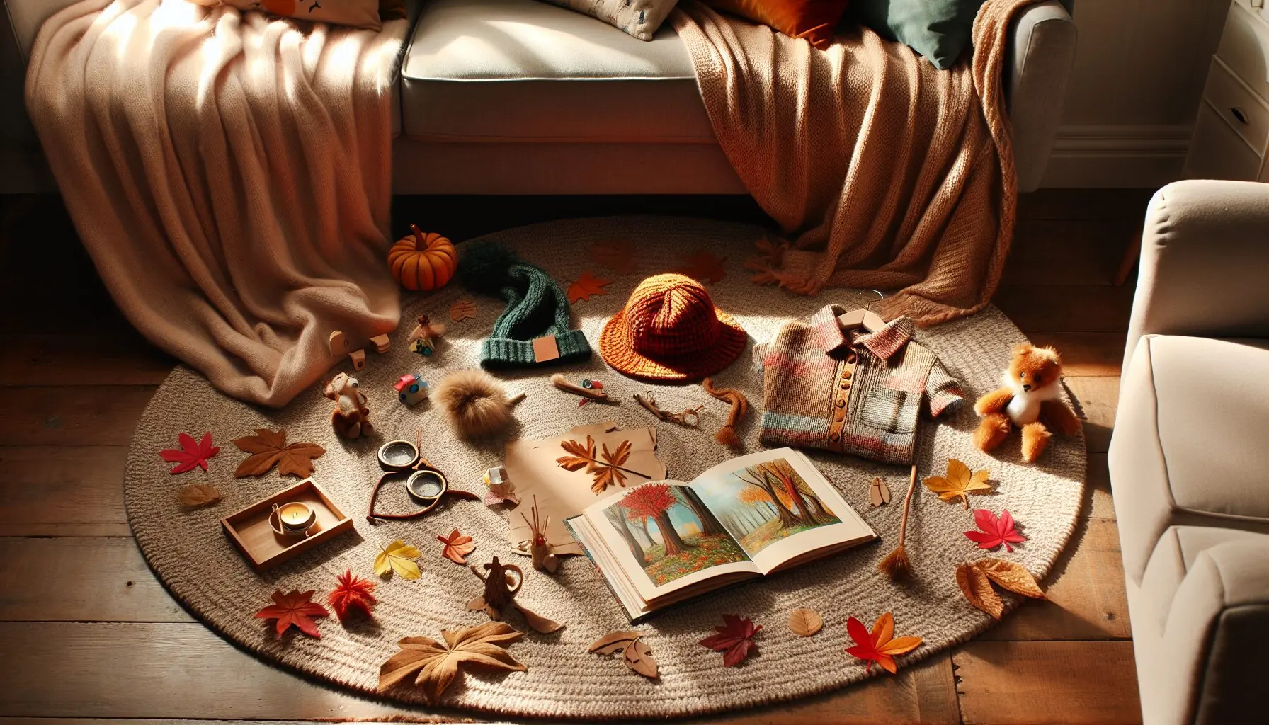 Generate an image of a cozy, autumn-themed setting with scattered leaves, toy props, and playful costumes.