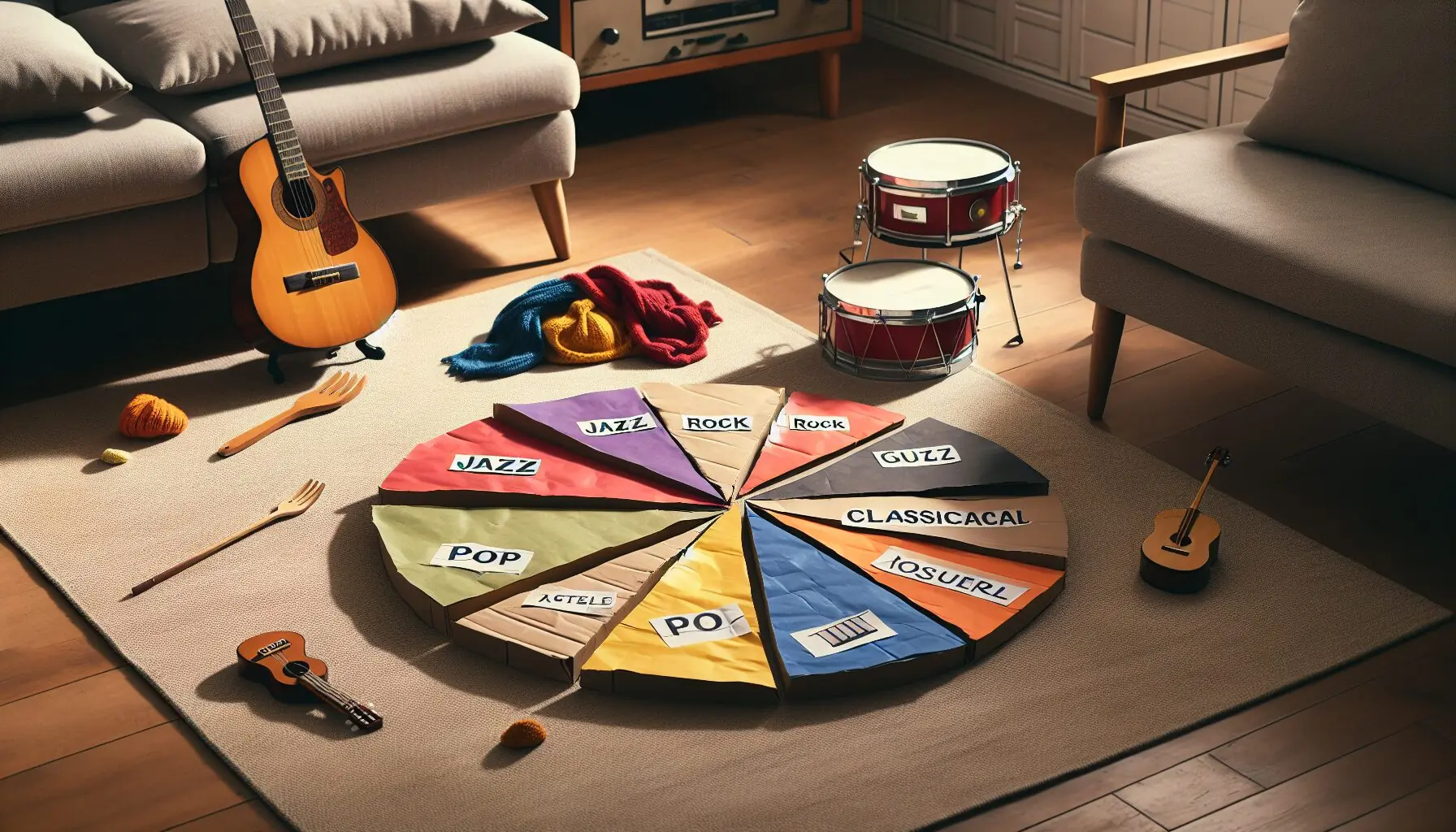Illustrate a pie chart with colorful sections labeled with different music genres, showing diversity in musical exploration.