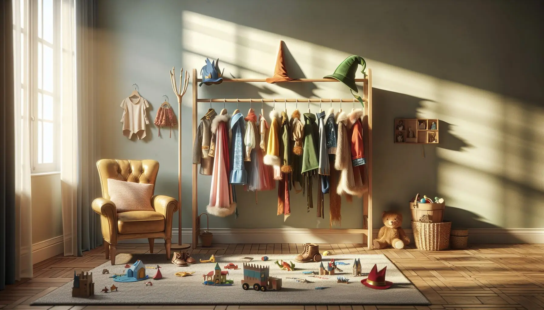 Generate an image of a child-sized collection of colorful costumes and hats on a wooden rack.