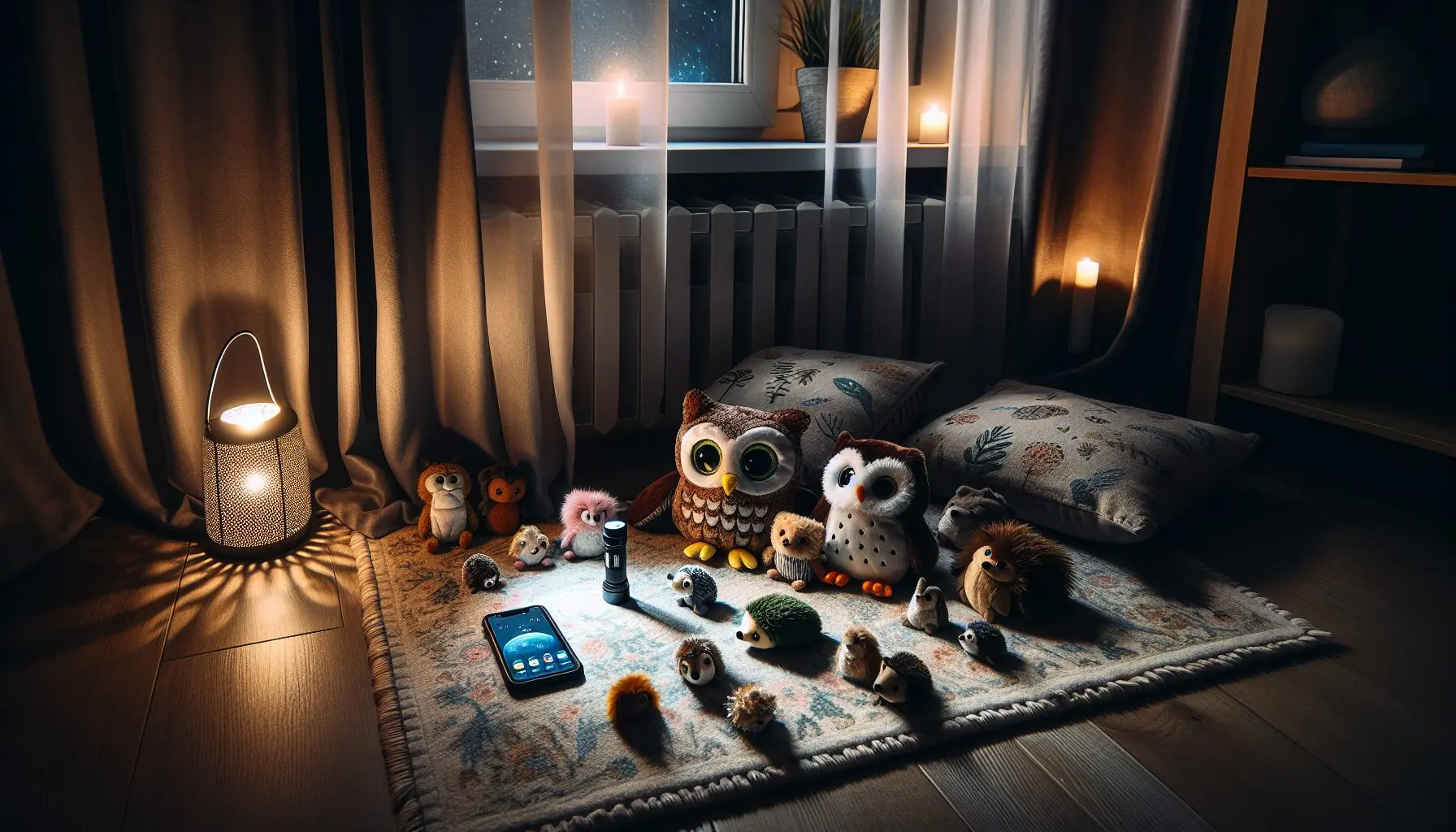 Generate an image of a cozy indoor setup with stuffed animals scattered, a flashlight laying on a dark rug, surrounded by drawn curtains.