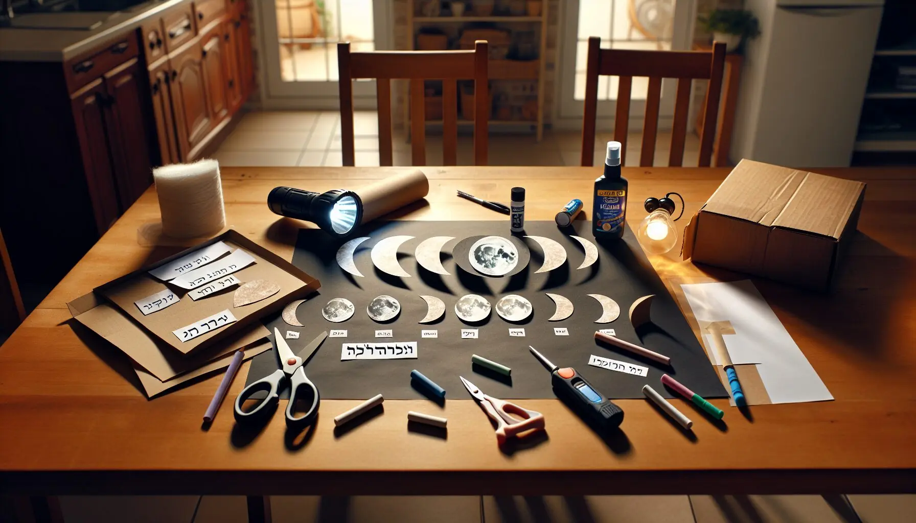 Generate an image of craft supplies like black construction paper, white chalk, a flashlight, and moon phase cutouts on a table.