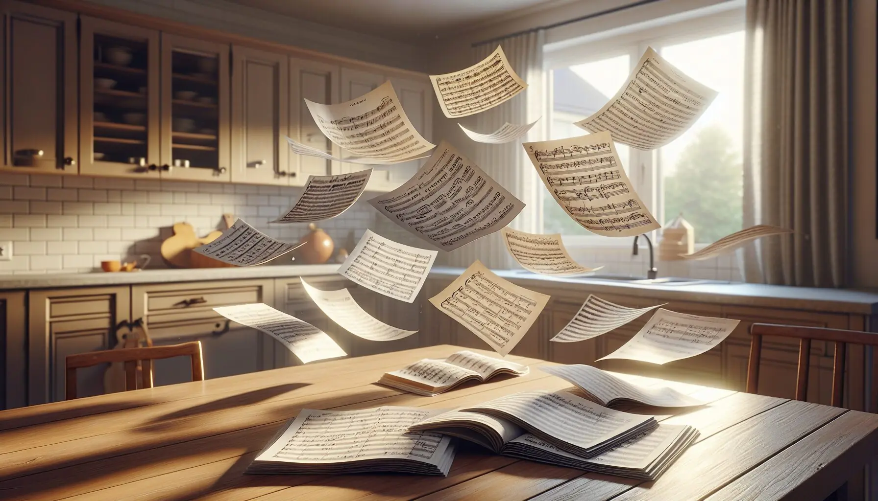 Generate an image of a selection of sheet music from various genres floating in the air.