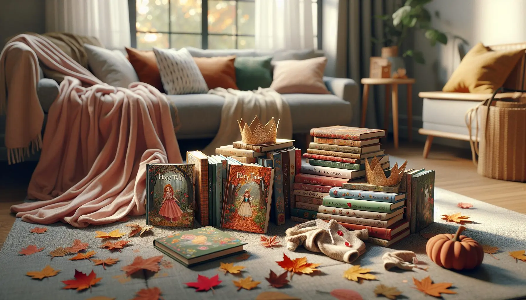 Generate an image of whimsical, magical book illustrations representing an autumn tale with colorful scenes.