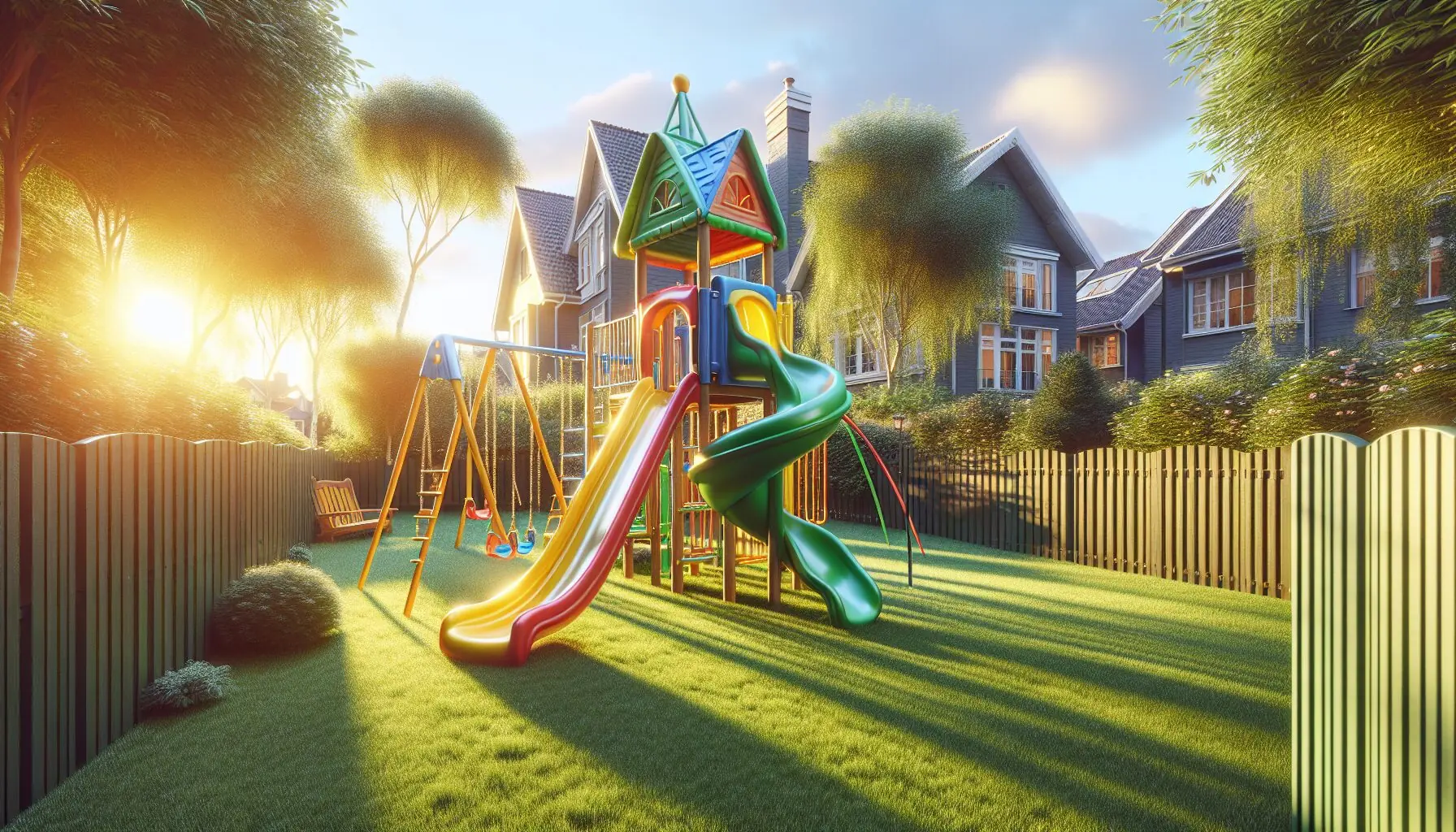 Generate an image of a vibrant playground with slides and swings under a sunny sky.