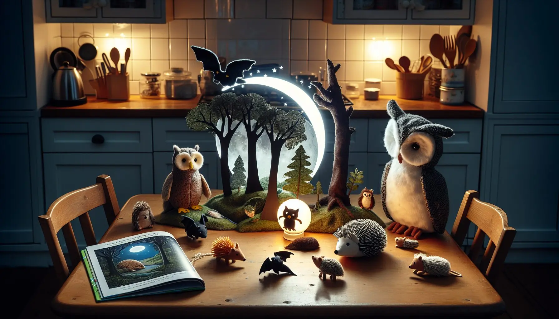 Generate an image of a moonlit forest with various nocturnal animals like owls, bats, and hedgehogs, amid stars.