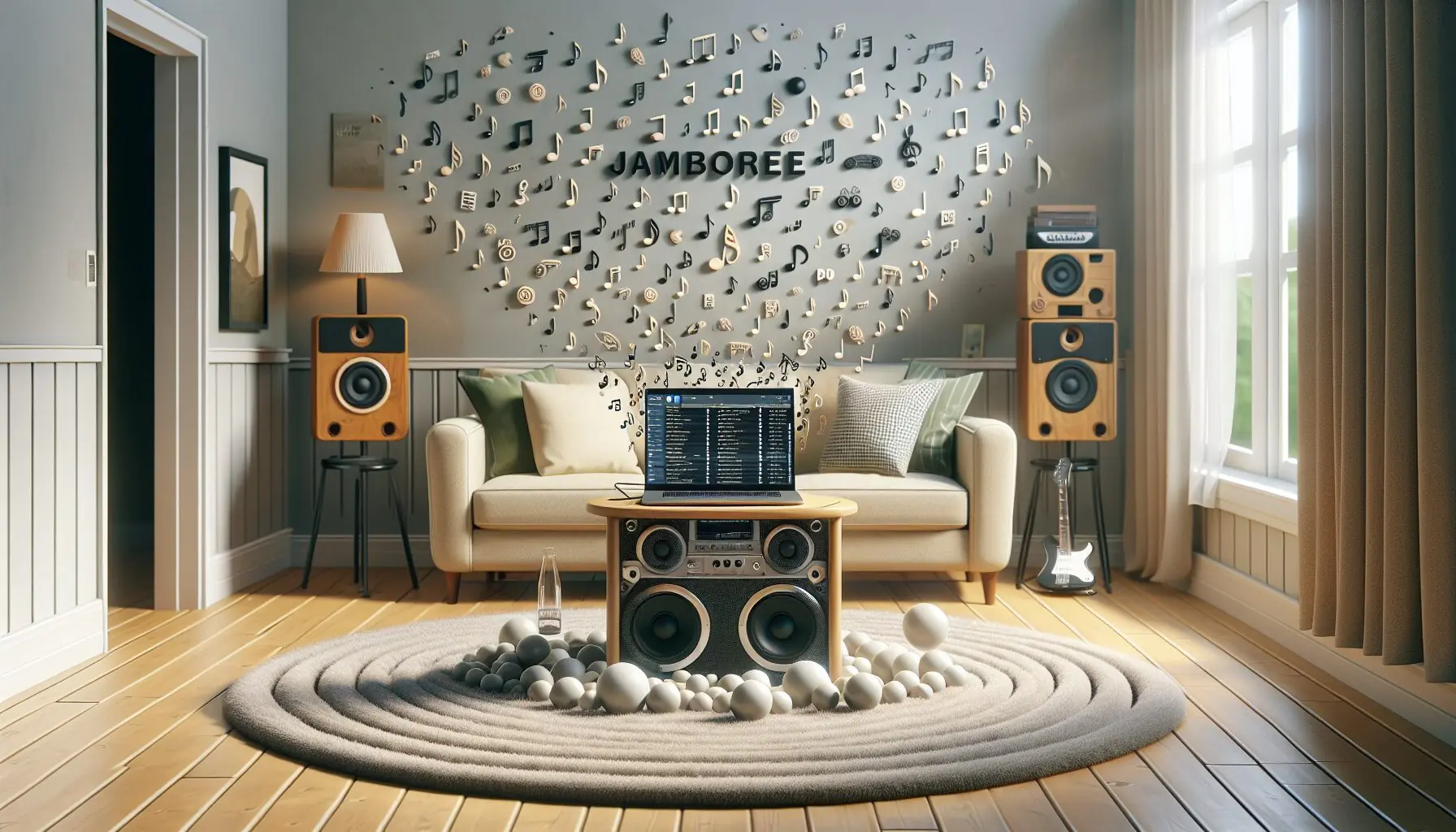 Visualize a cozy space with a laptop and speaker setup, with outlines of music notes from different genres hovering around.