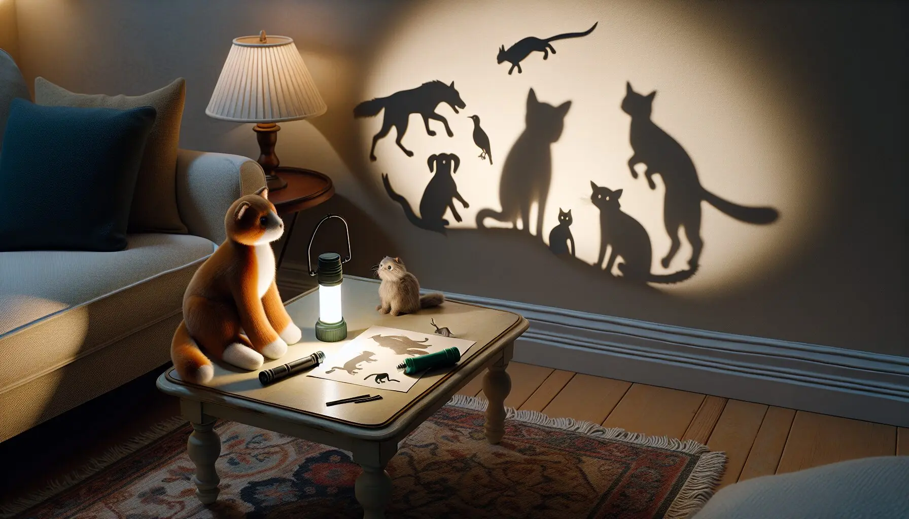 Generate an image of parent and child silhouettes playing with a flashlight, casting imaginative animal shapes on a wall.