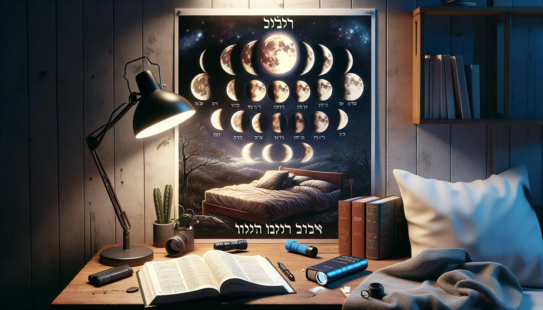 Generate an image of a nighttime sky with various moon phases and Hebrew labels on each phase.