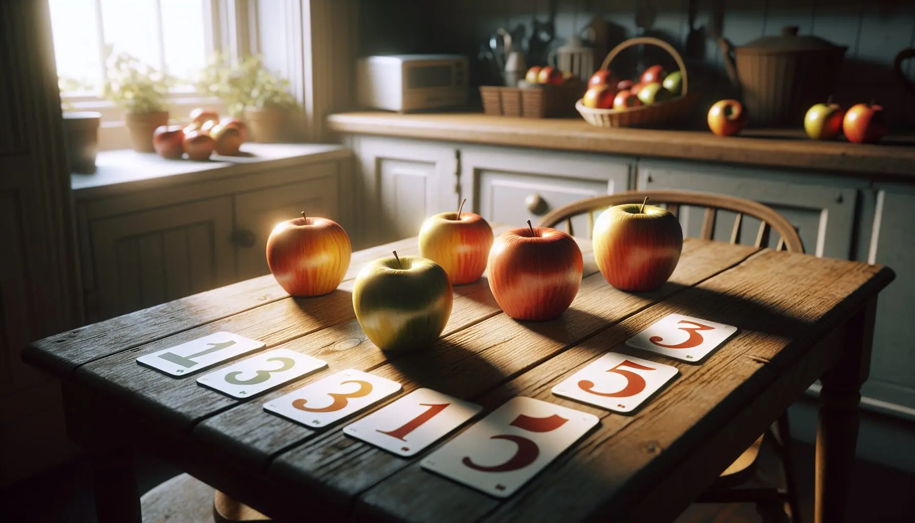 An educational poster-style image showing a child's hand playfully counting apples with numbers highlighted.