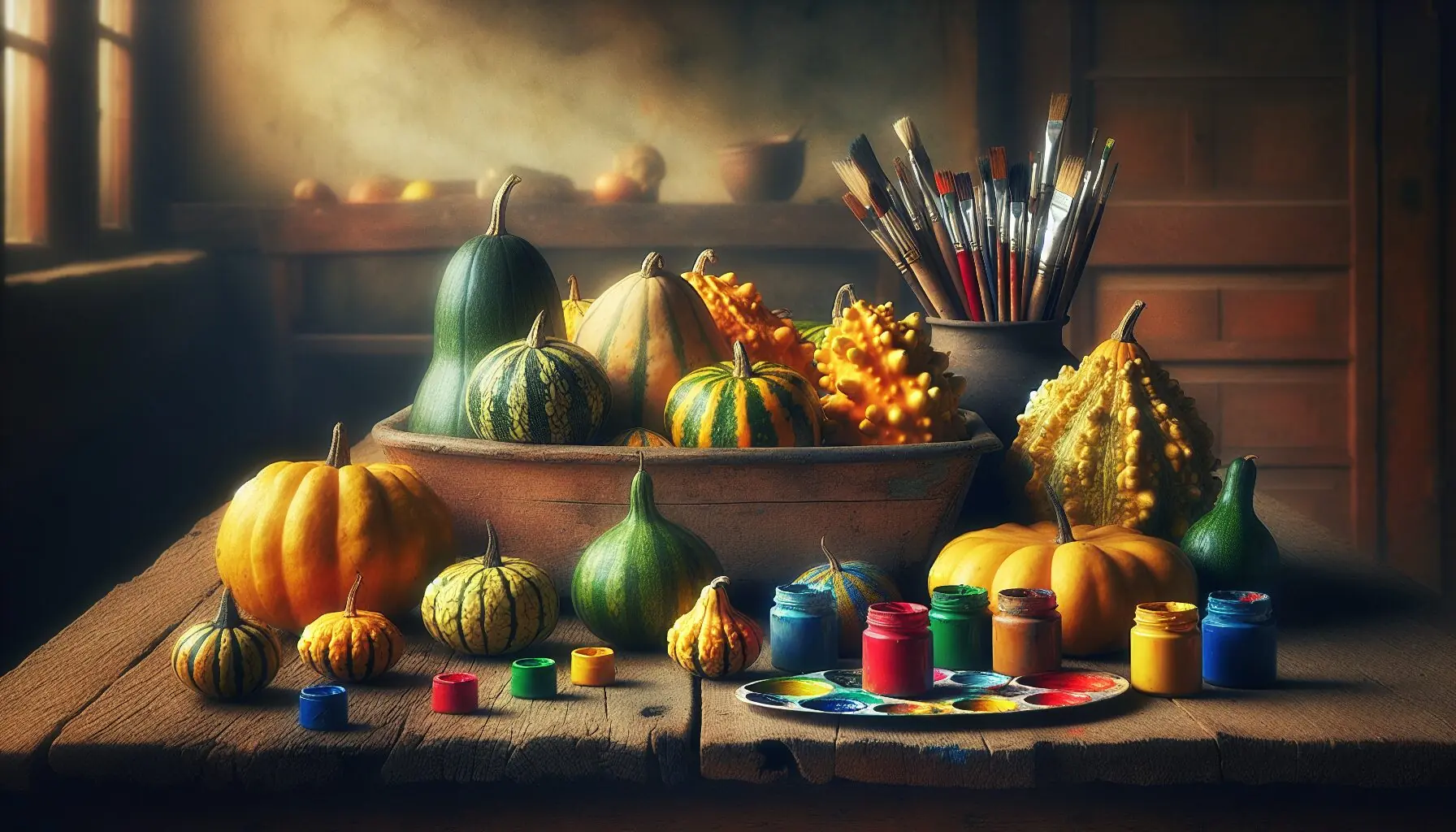 Generate an image of a colorful assortment of gourds with paintbrushes and paint pots around them, capturing the essence of art and creativity.