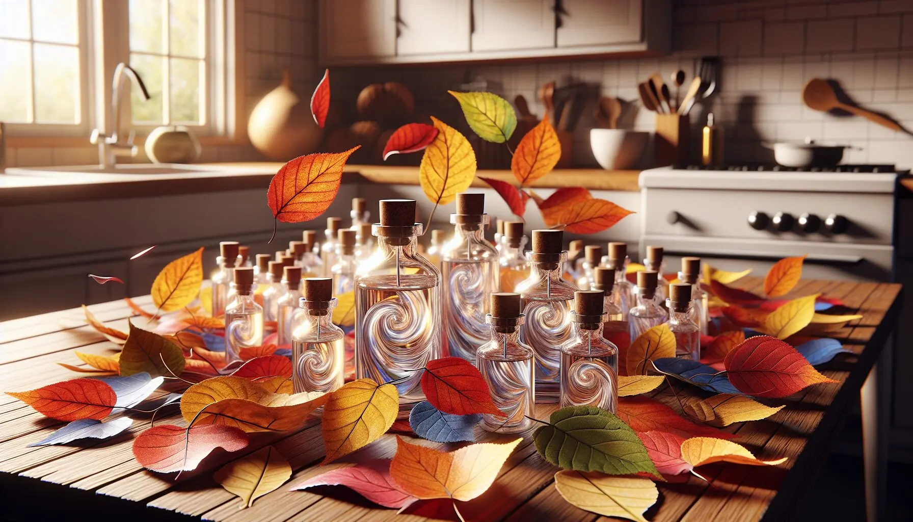 Illustrate synapses connecting amidst swirling scents and colorful autumn leaves.