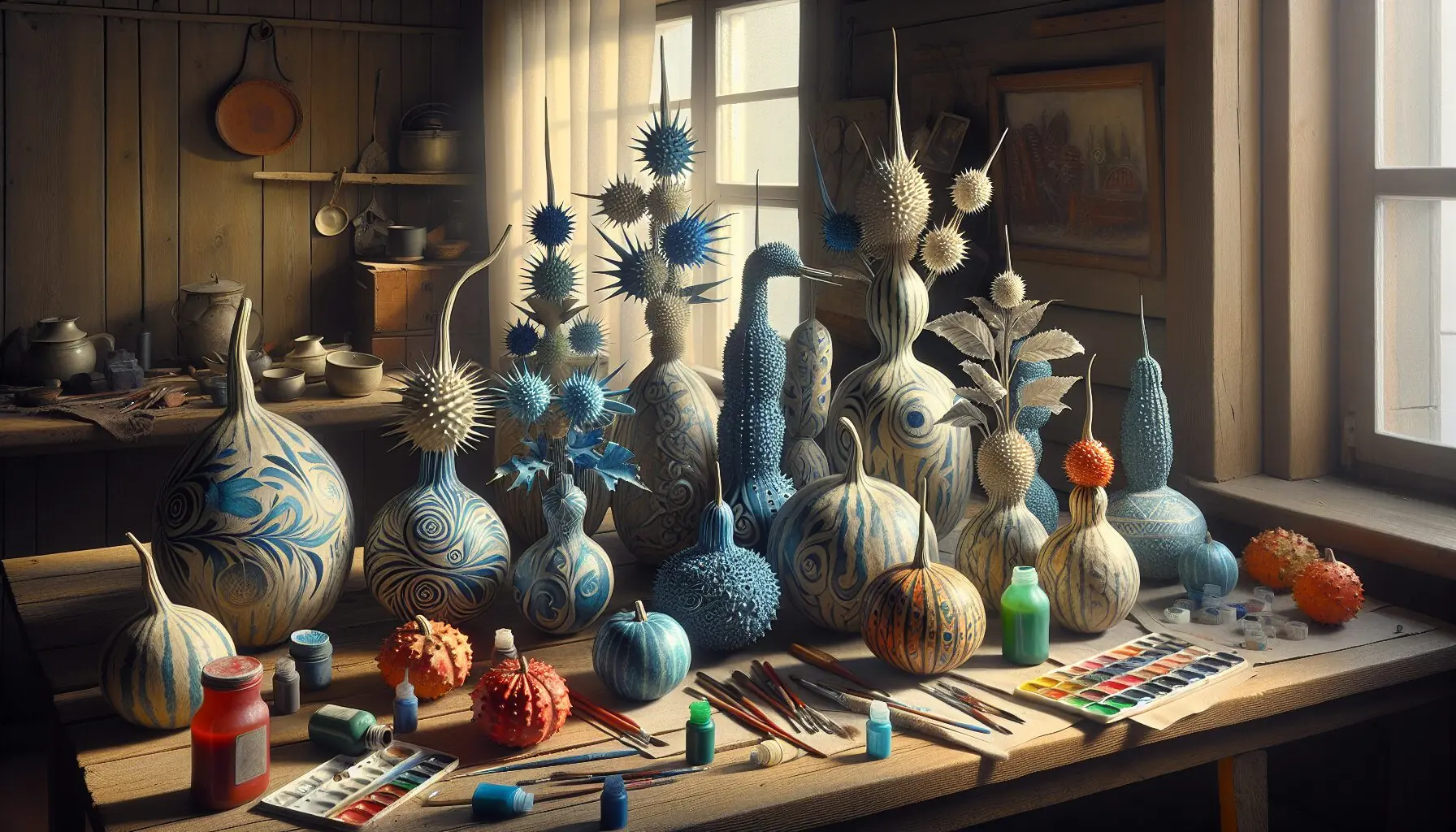 Design an image of several differently decorated gourds in a playful setting, suggesting variety and creativity in the art project.