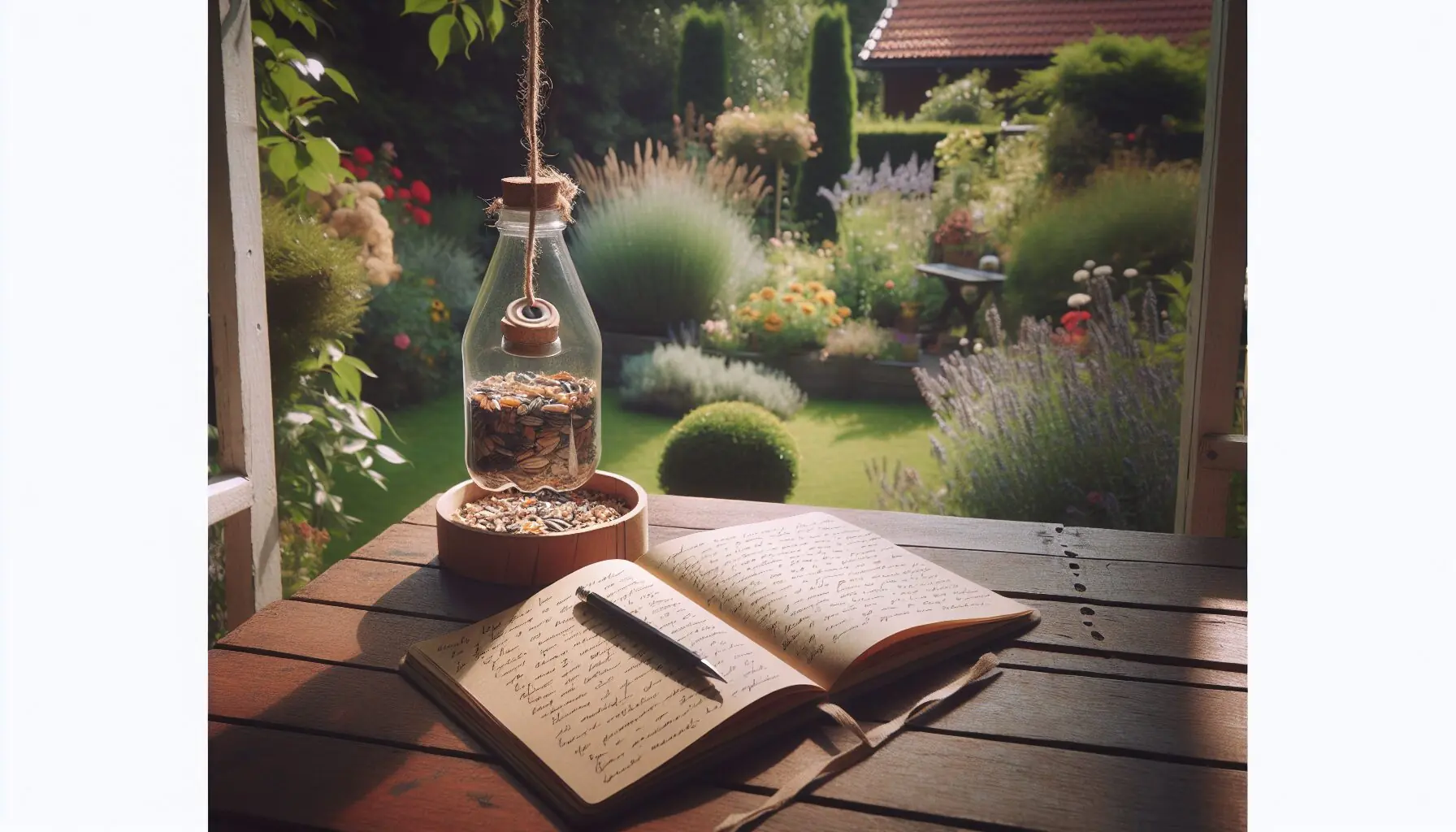 Generate an image of a child observing a bird feeder with a notebook in hand, surrounded by nature.