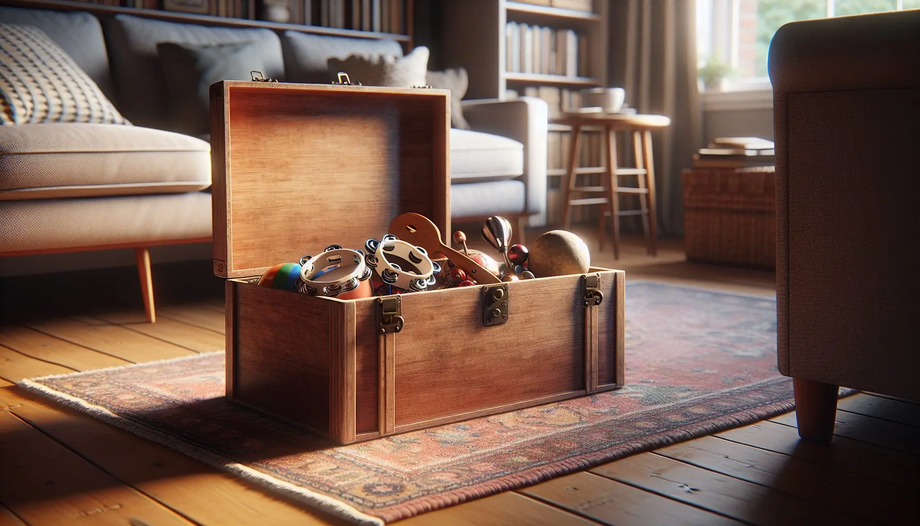Generate an image of a closed wooden box with small musical instruments peeking out of the side, suitable for a sensory exploration activity.