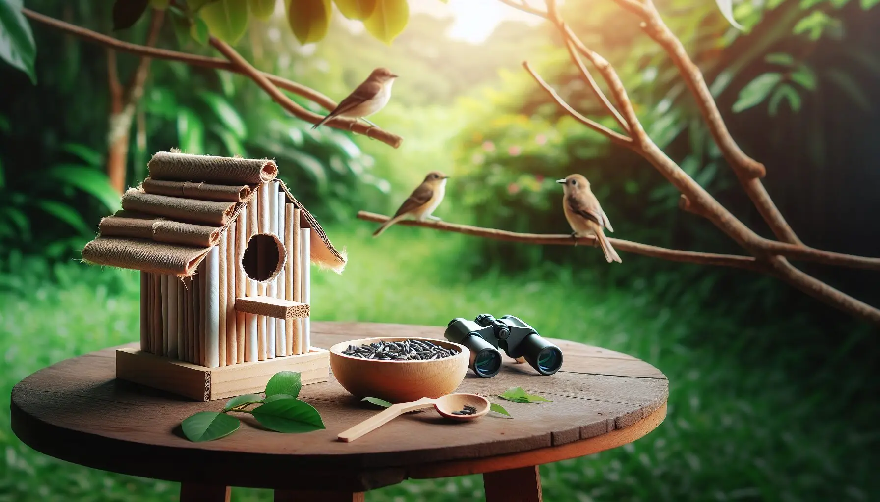 Generate an image of various backyard birds perched on trees, with small birdhouses in the scene.