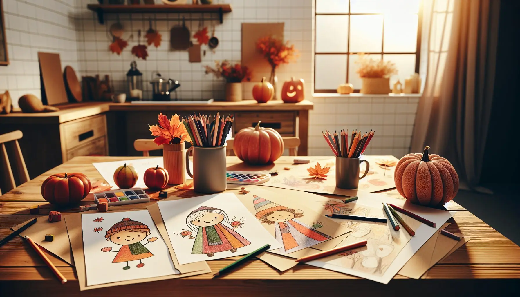 Generate an image of simple child drawings of emotive characters in an autumn landscape.