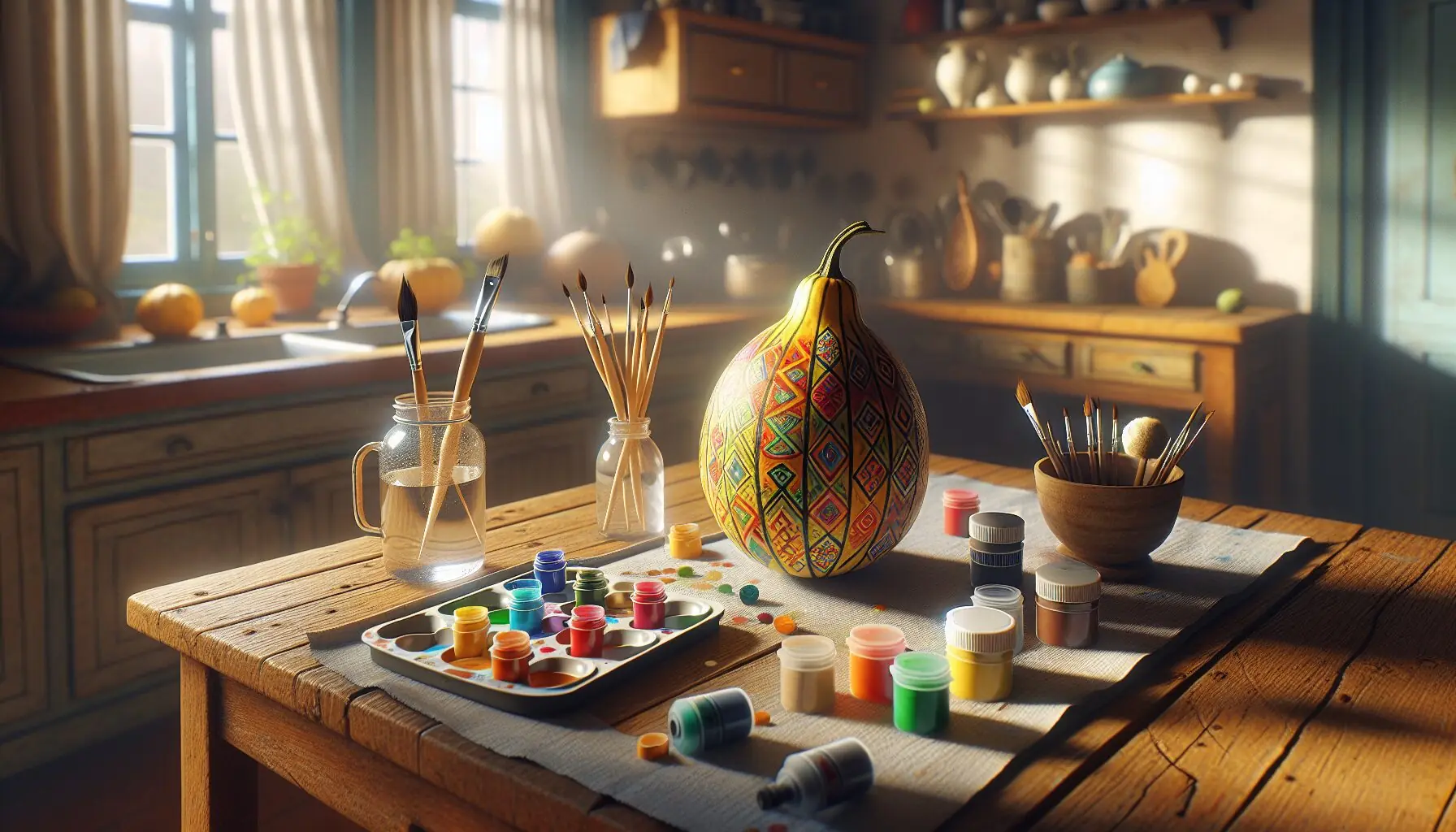 Create an image depicting a gourd with different shapes painted on it, with a child's hand reaching out, showcasing engagement in the activity.