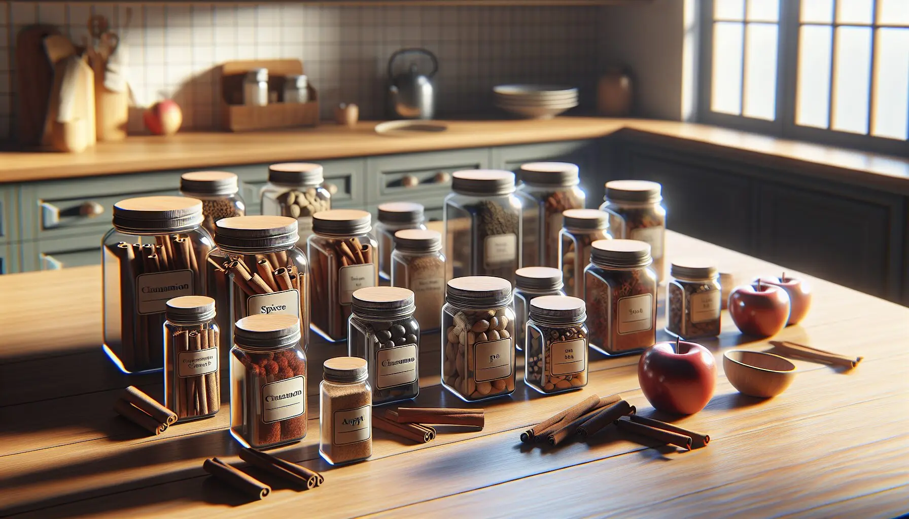 Generate an image of small jars or bowls labeled with spices like cinnamon sticks and apple slices.