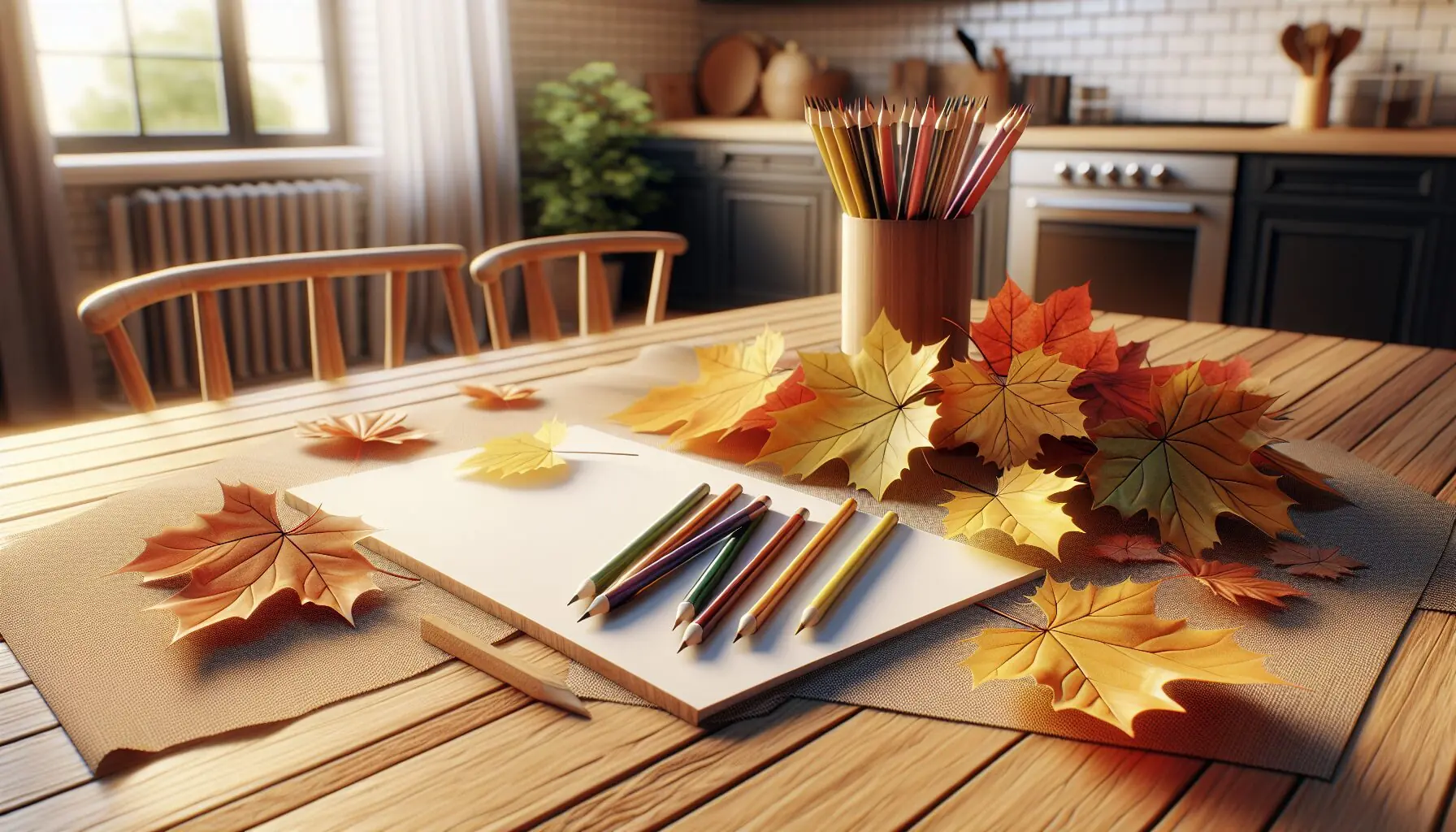 Generate an image of colorful autumn leaves scattered, beside bright crayons and drawing paper on a table.