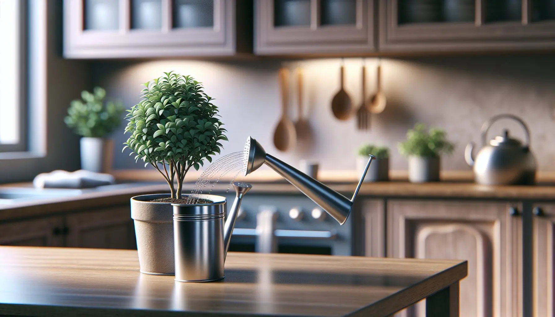 Generate an image of a potted plant being watered by a hand, symbolizing a mission completed.