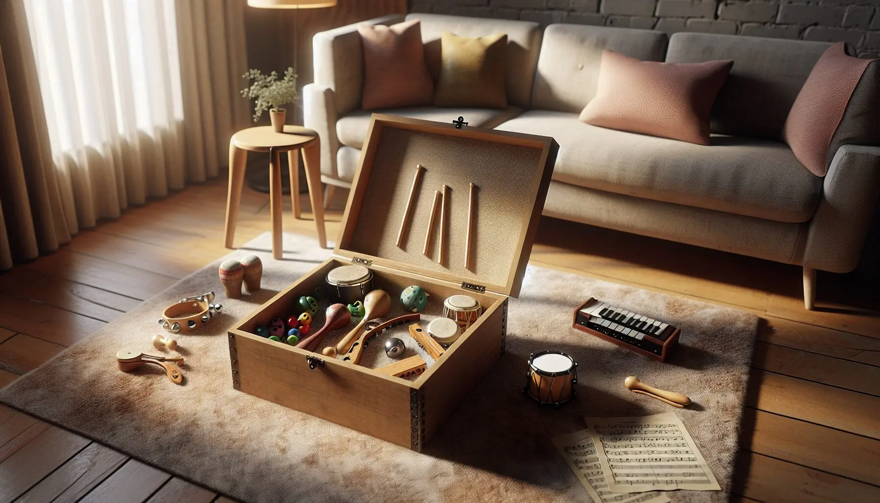 Generate an image of a cozy living room setting with a child engaging with a box of musical instruments emphasized by vibrant colors and texture.