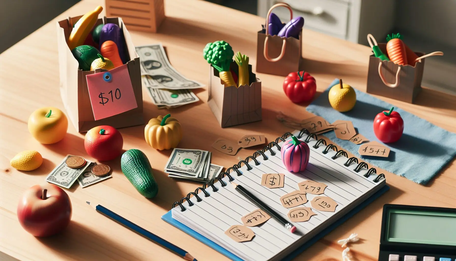 Generate an image of a play market setup with toy fruits, vegetables, and play money on a table.