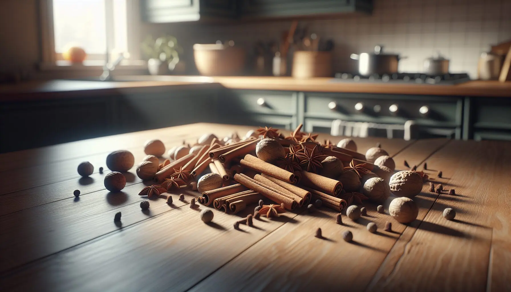 Create an image featuring a collection of autumn spices including cinnamon, nutmeg, and cloves on a wooden table.