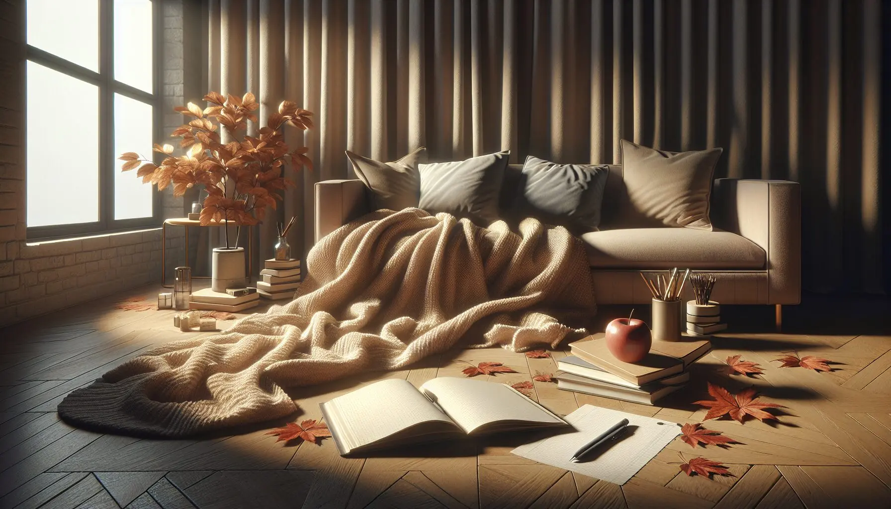 Generate an image of a family gathered under a blanket with notebooks, pens, and autumn props like leaves or apples.