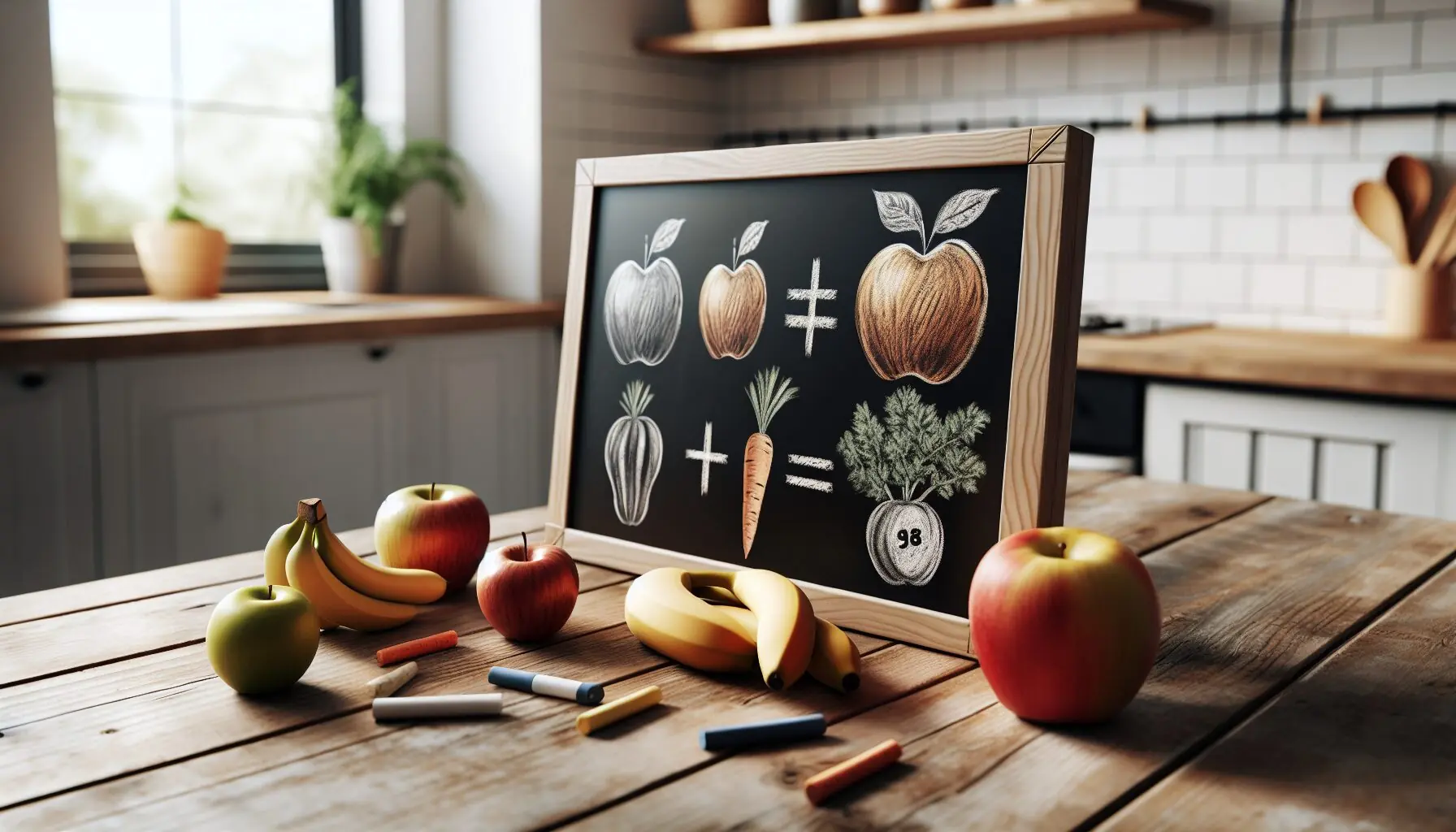 Create an image of a chalkboard with fun hand-drawn fruits and math symbols like plus and minus.