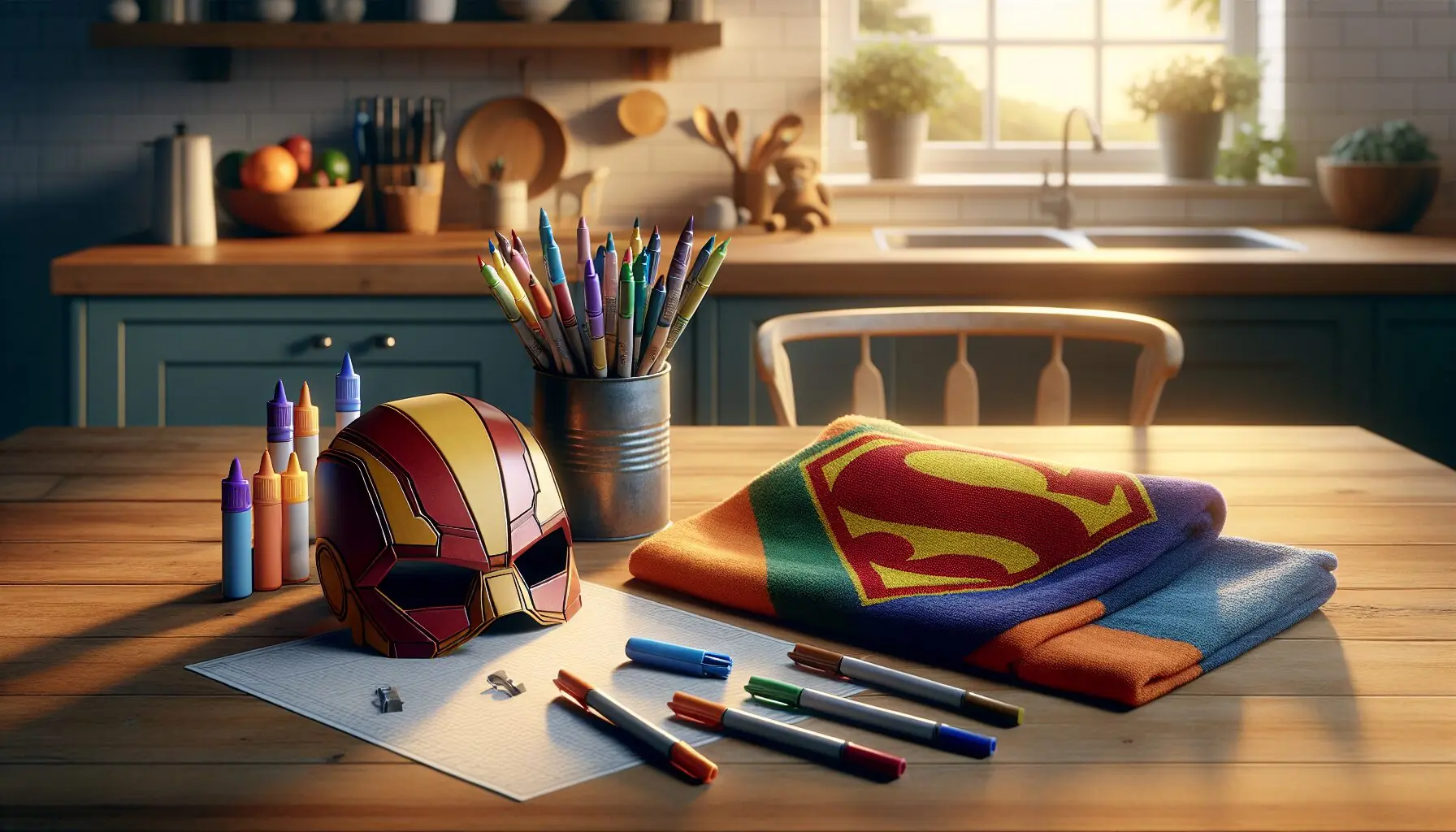 Generate an image of a colorful superhero mask and emblem cut out from construction paper alongside markers and a towel.