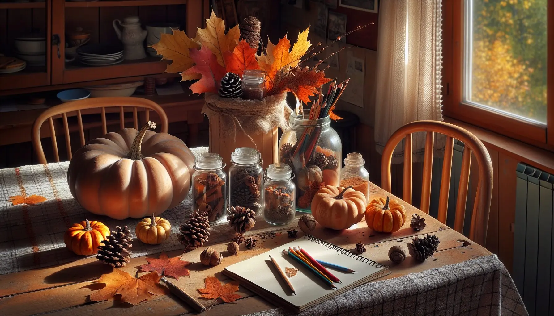 Depict a whimsical autumn scene with playful, abstract shapes to represent imagination.