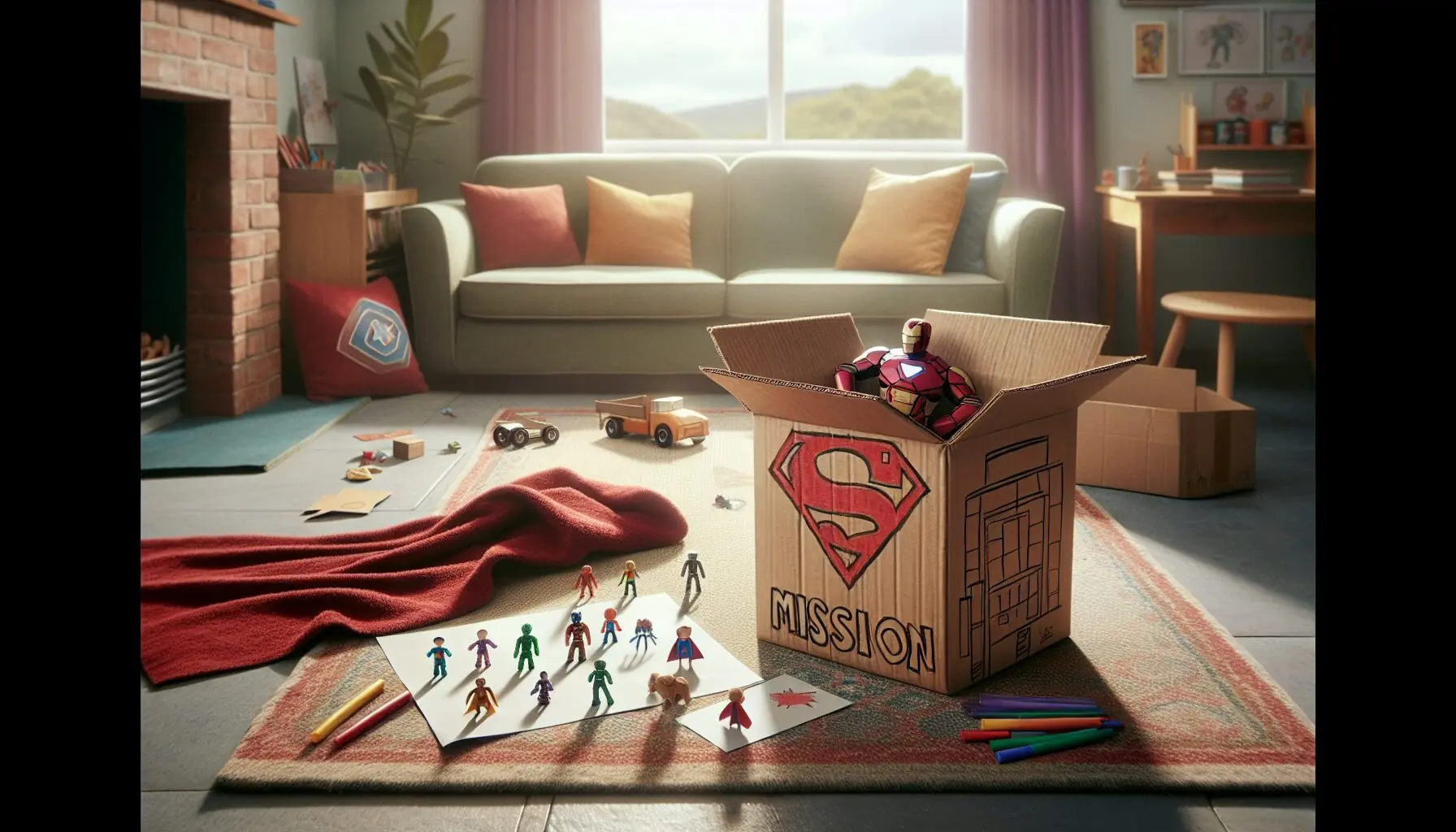 Generate an image of an empty box decorated as a superhero 'mission' box with toy figures.