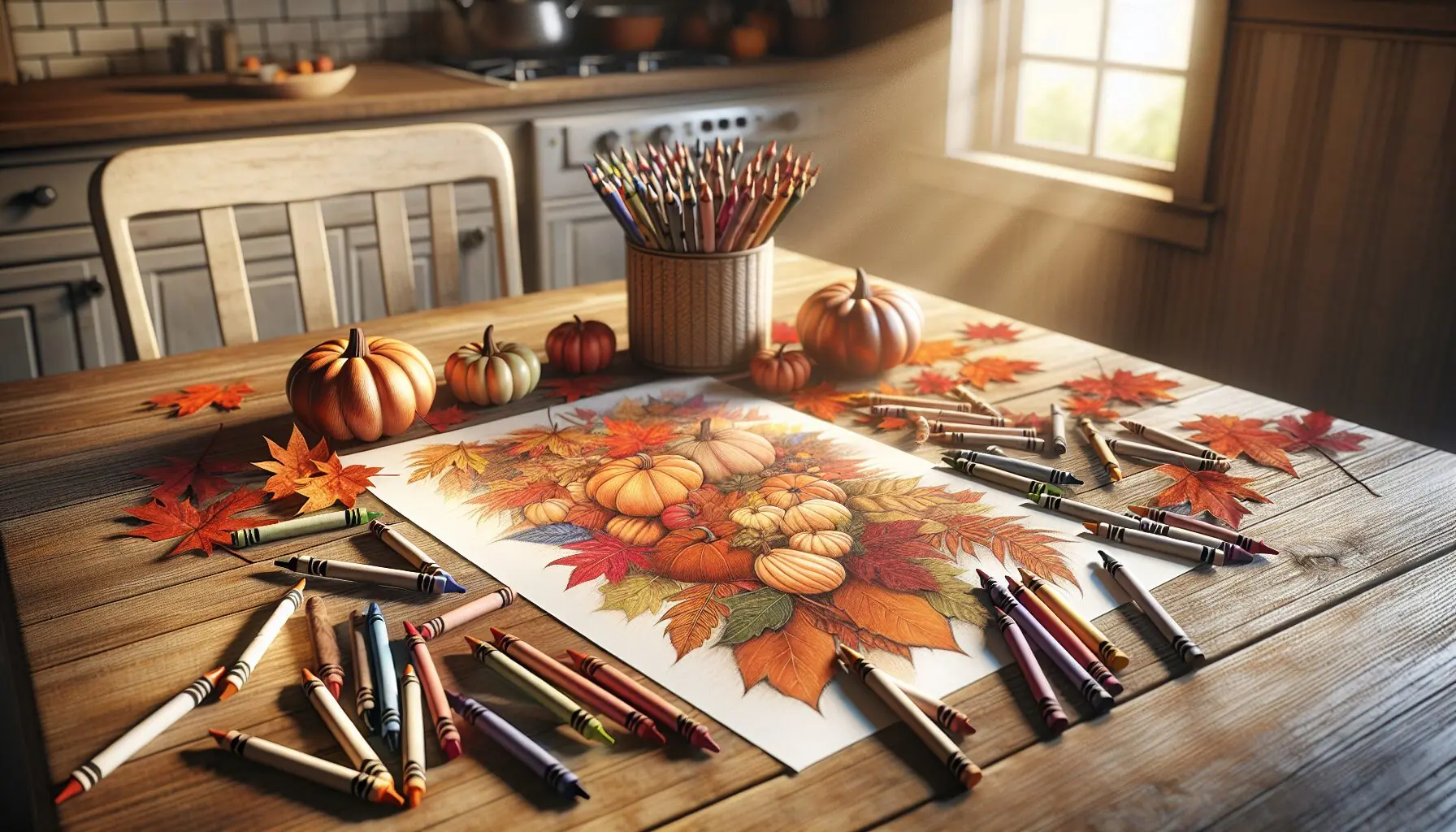 Generate an image of paper, crayons, and colorful autumn sketches scattered on a table.