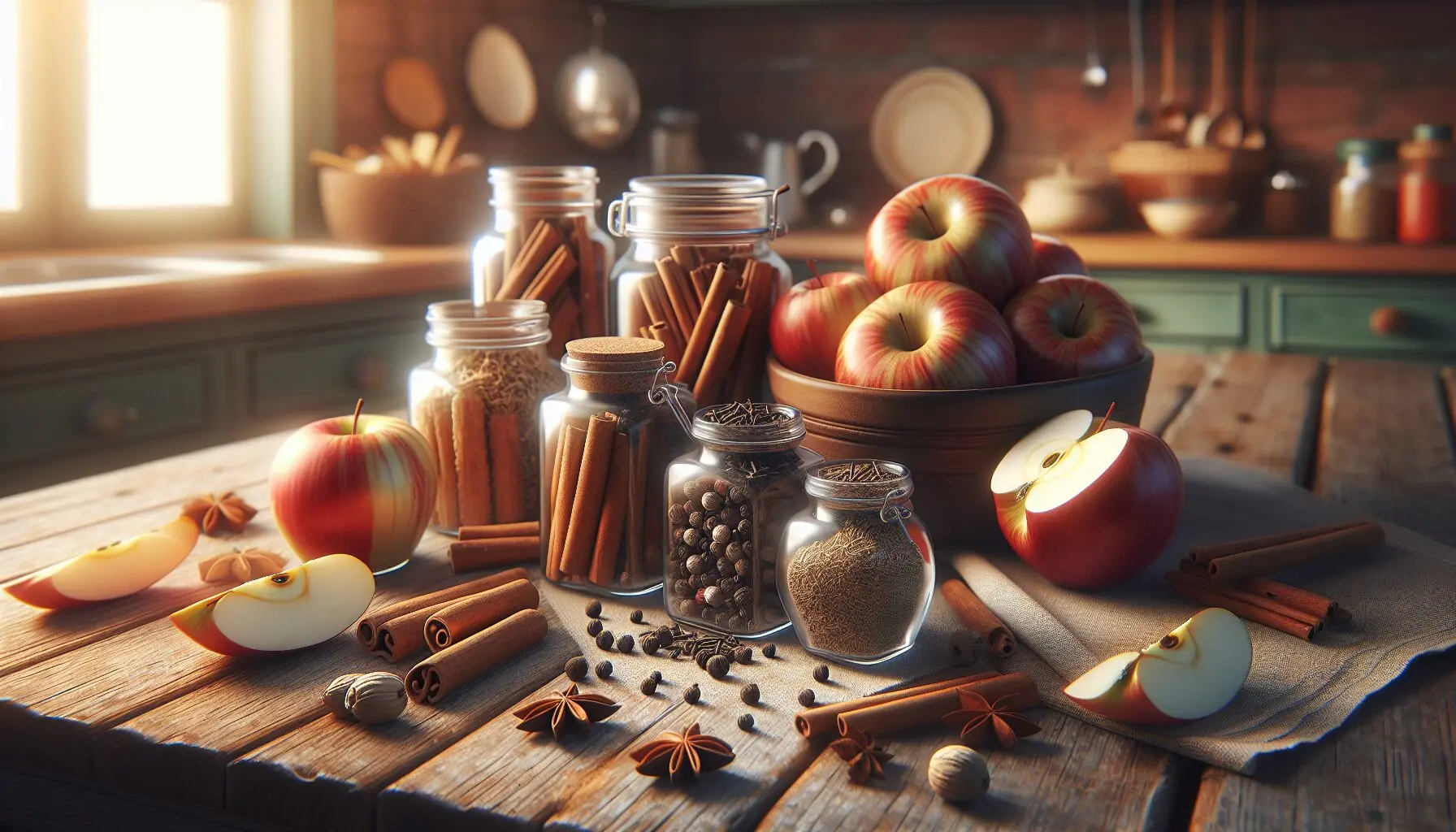 Create an image featuring a collection of autumn spices including cinnamon, nutmeg, and cloves on a wooden table.