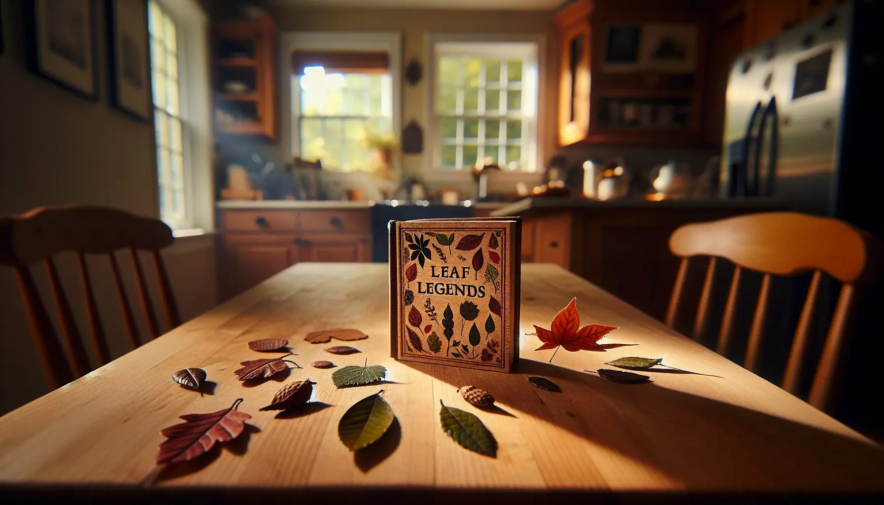 Generate an image of a small, handcrafted book titled "Leaf Legends", with illustrated leaves on the cover.