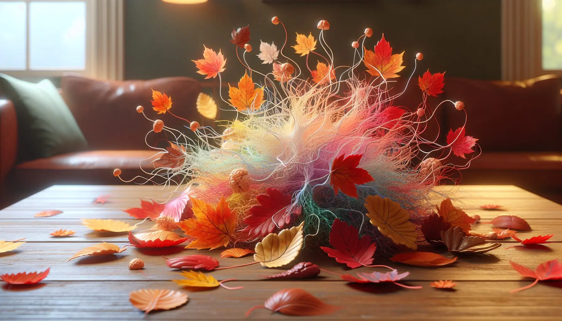 Illustrate synapses connecting amidst swirling scents and colorful autumn leaves.