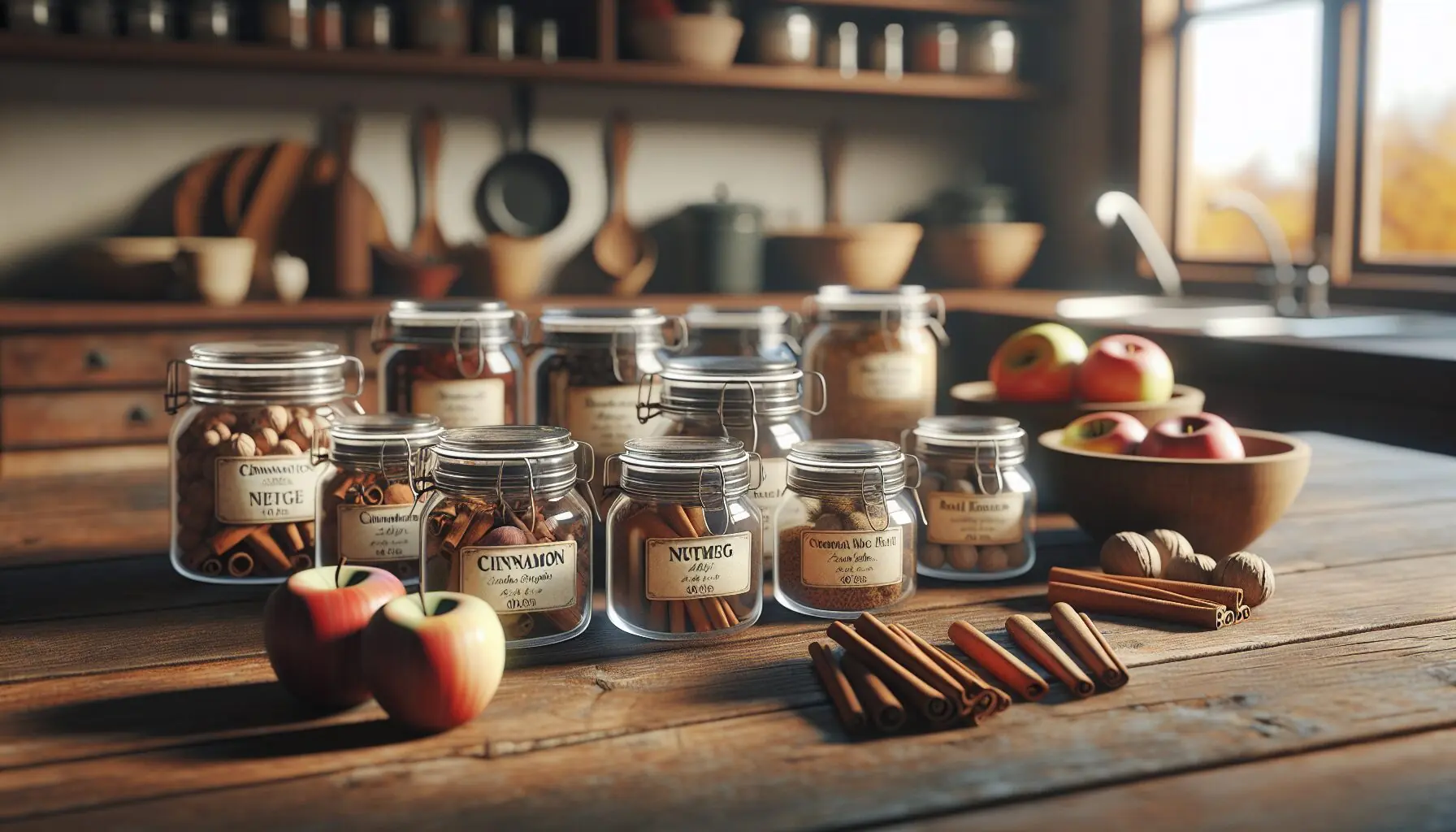 Generate an image of small jars or bowls labeled with spices like cinnamon sticks and apple slices.