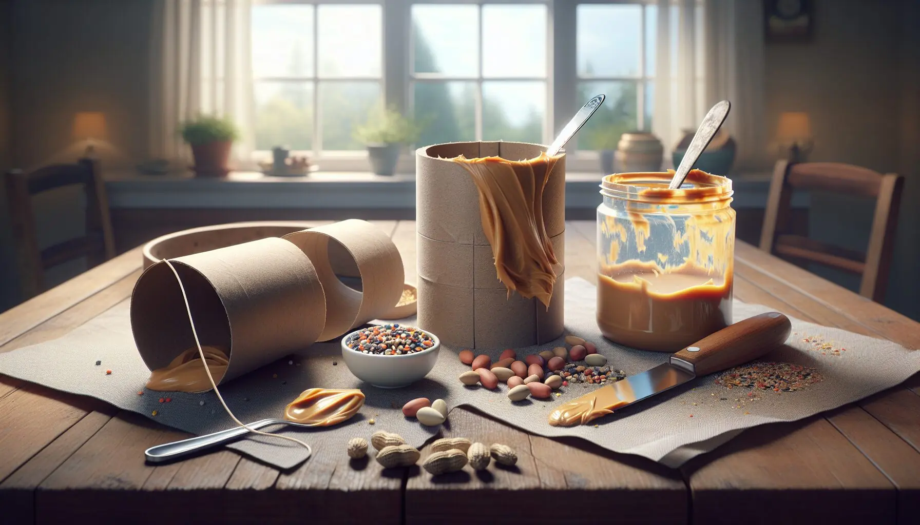 Generate an image of a DIY bird feeder made from a toilet paper roll smeared with peanut butter and rolled in birdseed.